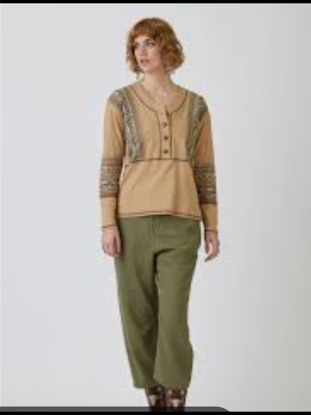 Long-Sleeve Henley Top in Tan with Embroidred Trim
